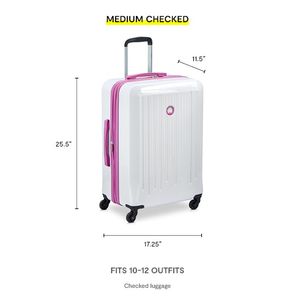 DELSEY PARIS Christine Expandable Luggage, Stylish and Unique, Glossy Exterior with 360 Spinner Wheels, Lockable Telescoping Handle, Men and Women, White with Mauve Trim, Medium Check-In 24-Inch