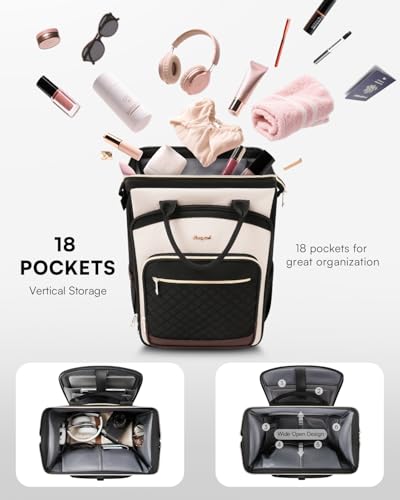 Rolling Backpack for Women, Travel Backpack with Wheels, Dual-Opening Wheeled Laptop Backpack, Stylish Rolling Laptop Bag, Overnight Underseat Carry on Luggage for College Business Work, Beige Brown
