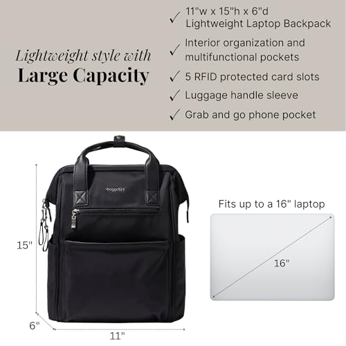 Baggallini Soho Backpack - Travel Laptop Backpack for Women - Lightweight Water-Resistant Luggage Bag, Black