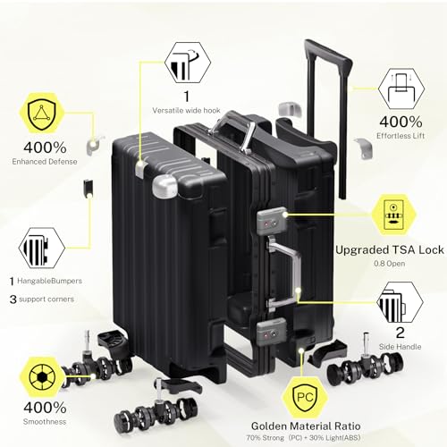Krute Zipperless Luggage 24 Inch Aluminum Frame Suitcase with Spinner Wheels PC+ABS Hardide Checked Luggage TSA Approved No Zipper Travel Suitcase Black