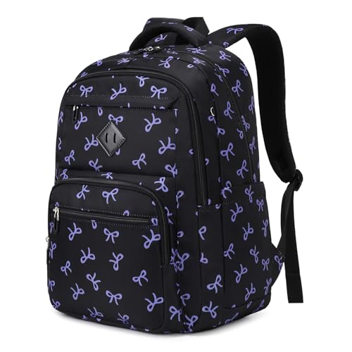Sisipoet Girls Backpack, Lightweight School Backpack Multiple-pocket College Bookbag for Teen Girls Travel Backpack with Luggage Strap for Women, Black with Purple Bow