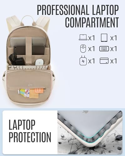 LIGHT FLIGHT Travel Laptop Backpack for Women, 15.6 Inch Backpack with USB Charging Hole, Water Resistant College Bookbag, Large Capacity Black Computer Backpacks for Work, Warm Beige