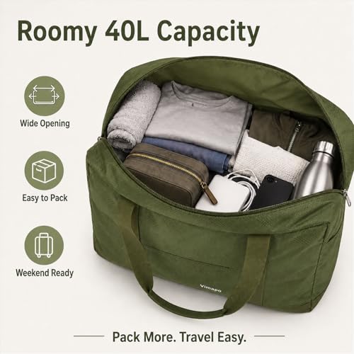 Vimapo Foldable Travel Duffle Bag with Trolley Sleeve 40L Capacity, Lightweight Packable Travel Duffel Bags with the Keyhole Zipper, Weekender Overnight Nylon Carry on Bag for Men & Women, Army Green
