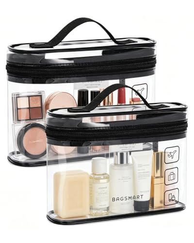 BAGSMART TSA Approved Toiletry Bag, 2 Pack Clear Makeup Cosmetic Bag Organizer, Quart Size Travel Bag for Toiletries, Carry-on Travel Accessories Essentials, Black-2pcs