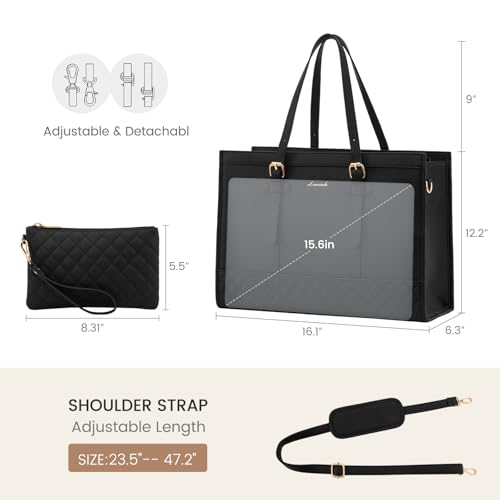 LOVEVOOK Women's 15.6 inch Laptop Tote, Waterproof PU Leather Computer Work Bag, Large Capacity Business Office Tote Black