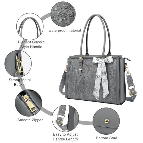 MOSISO Laptop Bag for Women, 15.6-16 inch PU Leather Tote Bag Compatible with MacBook, HP, Dell, Asus Notebook, Front Embossed Retro Hibiscus Computer Bags with Silk Scarf&Clutch Purse, Gray