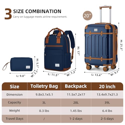 LARVENDER Luggage Sets 3 Piece Expandable Carry on Luggage 22x14x9 Airline Approved Hardshell Suitcase with Wheels TSA Lock, Lightweight Suitcase Set for Women with Travel Backpack, Navy Blue