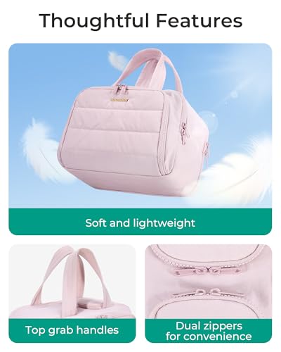BAGSMART Travel Toiletry Bag, Crush Toiletry Bag for Women, Wide-open Puffy Toiletry Bags for Traveling, Large Travel Cosmetic Makeup Bag Organizer for Accessories,Toiletrie, Pink