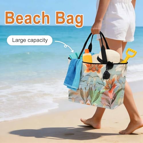 Lily Flower Mesh Beach Bag Tote Waterproof Sandproof,Watercolor Country Blooms Spring Botanical Art Pool Bag Beach Essential