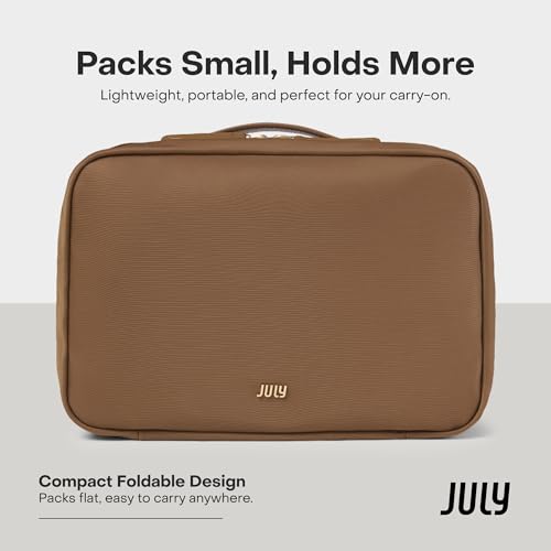 July Hanging Toiletry Bag with Hidden Hook, Clear & Leak-Resistant PVC Pocket, Toothbrush Tab, Water-Resistant Nylon and Leather Trims - Travel Essentials Bag, Bathroom Travel Organizer - Light Brown
