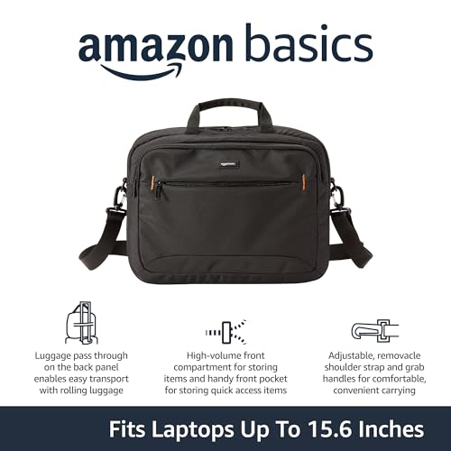 Amazon Basics 15.6 in Laptop Bag with Shoulder Strap and Handle, Large Capacity, Spacious Compartments, Black