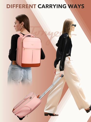 Tonyeee Rolling Backpack for Women, Large Travel Backpack with Wheels Carry on Flight Approved, 15.6 Inch Laptop Wheeled Roller Bag Suitcase for Work Bussiness Weekender (Pink,M Underseat Size)