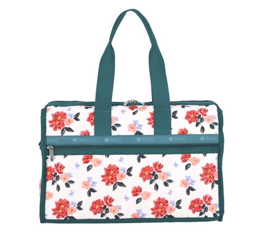 LeSportsac Painterly Floral Deluxe Medium Weekender Crossbody Bag, Style 4318/Color H114, Dreamy Stylized Flower Blooms in Harmonious Shades of Raspberry, Peach & Lilac, Modern Classic Floral