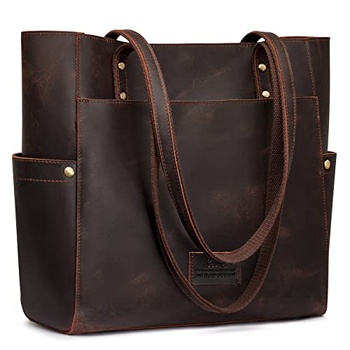 S-ZONE Genuine Leather Tote Bag Large Shoulder Purse Work Vintage Handbag for Women-dark brown