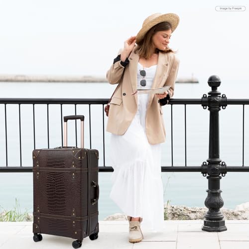 NZBZ Vintage Luggage Sets for Women, PU Leather Retro Suitcase, Vintage Trunk Luggage, Vintage Suitcase Set (Brown Crocodile-embossed, 20inch & 24inch & 28inch)