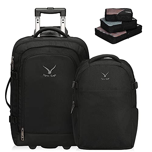 Hynes Eagle 2 in 1 Travel Backpack 22 inches Carry on Luggage 63L Rolling Backpack for Men Women with Packing Cubes 3PCS Set Black