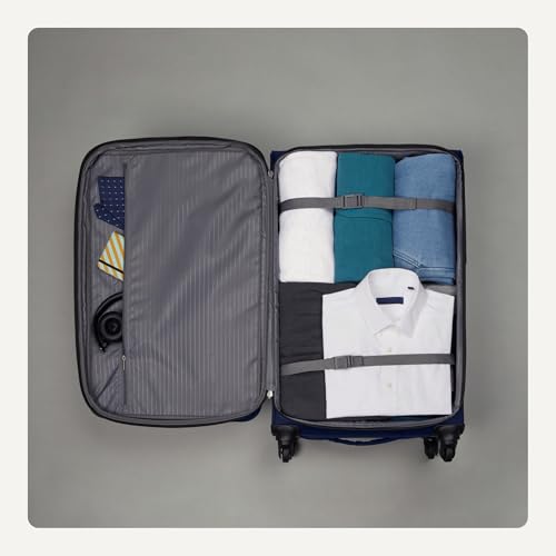 Amazon Basics 28" Large Checked Softside Expandable Suitcase with 360-Degree Multi-directional Spinner Wheels, Expandable Capacity, Zippered Pockets, Telescoping Handle, Black