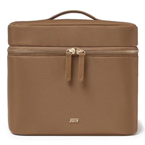 July Vanity Cosmetic Case - Stylish Travel Makeup Bag for Women with Removable Wet Pouch, Upright Bottle Design, Clear Top Pocket, Leather Handle, Travel Essentials, Toiletry Organizer - Light Brown