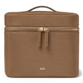 July Vanity Cosmetic Case - Stylish Travel Makeup Bag for Women with Removable Wet Pouch, Upright Bottle Design, Clear Top Pocket, Leather Handle, Travel Essentials, Toiletry Organizer - Light Brown