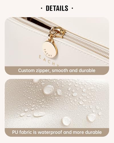 EACHY Travel Makeup Bag, Large Capacity Cosmetic Bags for Women, Waterproof Portable Open Flat Toiletry Bag Make up Bag with Divider and Handle, Christmas Gifts (White, Medium)