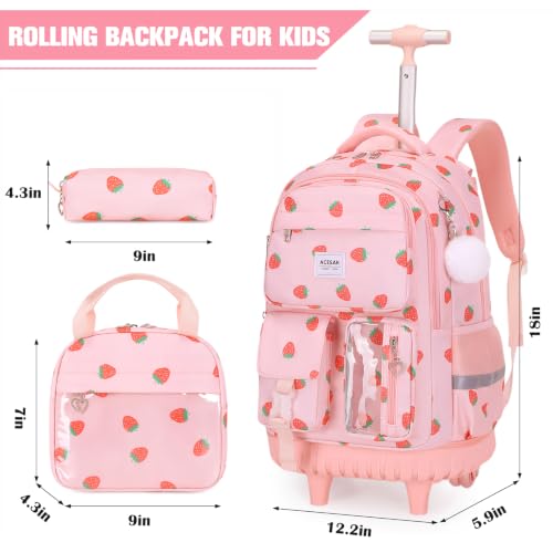 ACESAK Rolling Backpack for Girls, Roller Backpack with Lunch Bag & Pencil Pouch for Teen Girls Kids, Bookbag Backpack with Wheels for Women Elementary Middle High School Travel (Pink Strawberry)