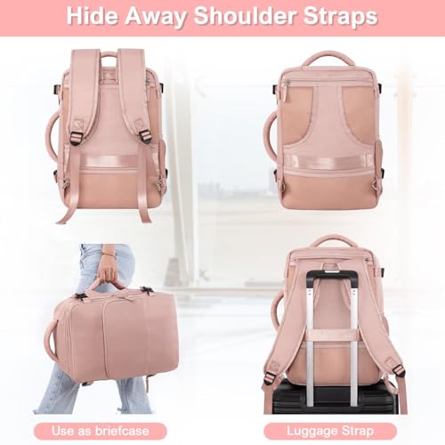 Sinaliy Travel Backpack for Women, Airline Approved Carry on Personal Item Bag, Waterproof 16 Inch Laptop Backpack for Work, College School Business, Convertible Travel Bag with Wet Pocket, Pink