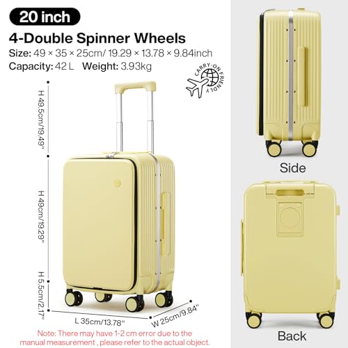 mixi Carry On Luggage with Cup Phone Holder and Charger Hard Shell Suitcases with Spinner Wheels,20 Inch Lark Yellow