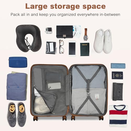 Kono Medium Sized Checked Luggage, 24 Inch Expandable with Spinner Wheels, TSA Lock, ABS + PC Lightweight Travel Suitcase with Larger Capacity and Lighter Weight, Black Brown
