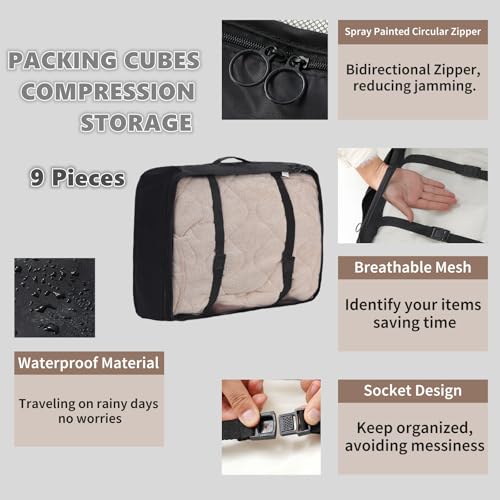 9 Set Packing Cubes for Travel Essentials, Suitcase Organizer Bags for Airplane Road Trip Camp - Black