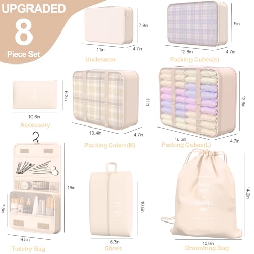 8 Set Packing Cubes for Travel,Suitcase Organizer Bags for Luggage with Shoe & Hanging Toiletry Bag, Vacation Essentials & Accessories for Cruise Ship, Airplane Must-Have,Road Trip & Camp Gifts(Cream)