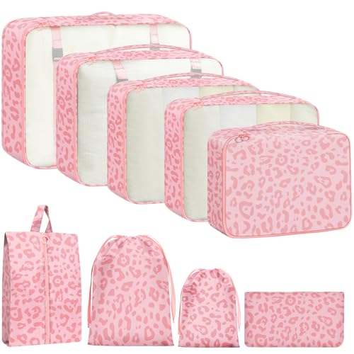 Woobolsalike 9 Set Packing Cubes for Travel Essentials - Lightweight Carry-On Luggage Organizer Bags with Shoe, Clothes & Laundry Bags for Airplane, Family & Business Travel, Pink leopard print