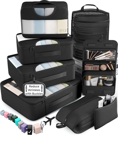 Veken 10 Set/8 Set Packing Cubes for Travel Essentials,Anti-Wrinkle Buckled Suitcase Organizer for Shoe & Toiletry Bag,Carry On Luggage Bag for Airplane & College Dorm Room Accessories,Women Men Gifts