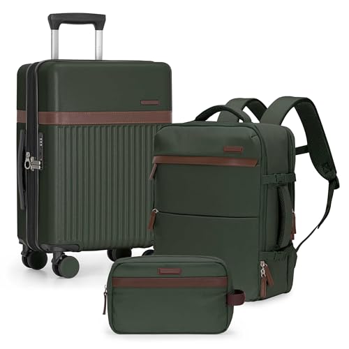 U.S. Traveler Vista Way 3-Piece Travel Set, 21-Inch Carry-on Hardside with TSA Lock, 18-Inch Travel Backpack with Laptop Sleeve, Toiletry Bag, Green