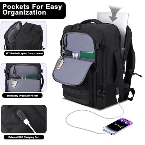 MOZETO TSA Approved Carry On Backpack, Extra Large Tactical Travel Backpack for Men, Airplane Approved Weekender Bag, Water Resistant Lightweight Laptop Daypack for Flight, Black