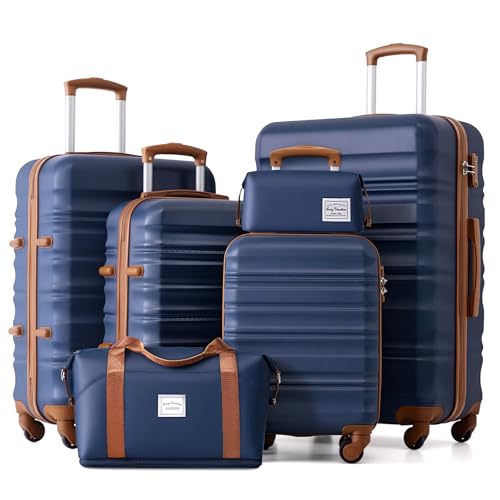 LONG VACATION Luggage Set 6 Piece Luggage ABS hardshell TSA Lock Spinner Wheels Luggage Carry on Suitcase (NAVY, 6 piece set)