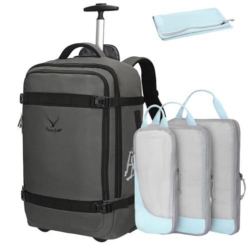 Hynes Eagle 42L Rolling Backpack Wheeled Backpack Flight Approved Travel Backpack Carry on Luggage Dark Grey with Compression Packing Cubes Set 4PCS Light Blue