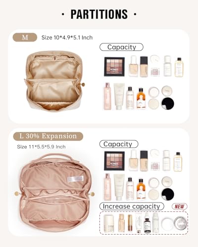 EACHY Travel Makeup Bag, Large Capacity Cosmetic Bags for Women, Waterproof Portable Open Flat Toiletry Bag Make up Bag with Divider and Handle, Gifts for Women (Pink, Large)