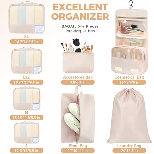 BAGAIL 9 Set Packing Cubes with Packing List Luggage Packing Organizers for Travel Accessories (Cream)