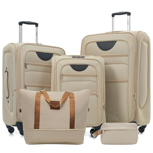 Merax Softside Luggage Set, 5 Piece Expandable Travel Suitcase Set with Carry-On Luggage,Spinner Wheels and TSA Lock,Lightweight Travel Suitcases.22/26"/30"(khaki)