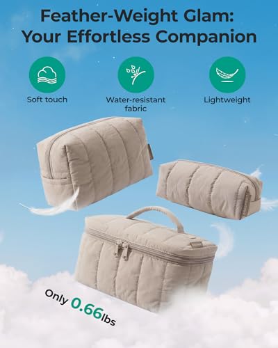 BAGSMART Travel Makeup Bag for Women, 3 Pcs Puffy Padded Cosmetic Organizer Bag, Large Toiletry Case and Small Purse Pouch for Gym, Work, Girls (Camel)
