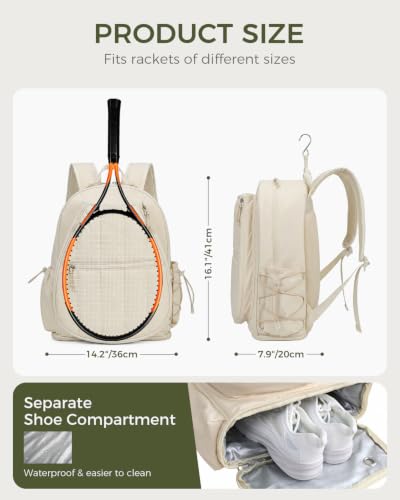 Movker Quilted Tennis Gym Backpack for women Tennis Bag Holds 2 Rackets with Top Panel & Ventilated Shoe Compartment Sports Duffle Bags with Wet Pocket & Fence Hook (Beige)