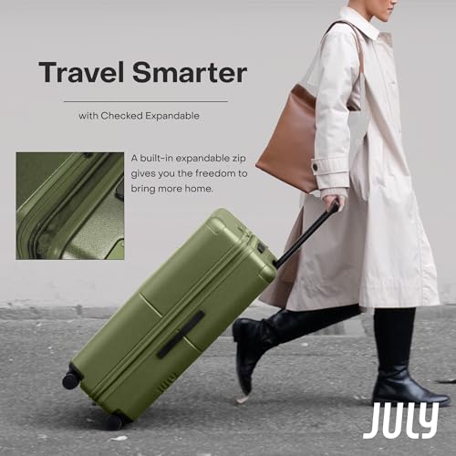 July Checked Expandable - 24.5" Airline Approved Check In Luggage with Wheels, Spinner Suitcase for Men & Women - TSA Lock Rolling Suitcase, Spinner Wheels, Expansion Zip, Y-Strap - Moss