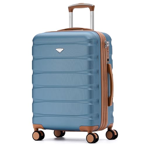 Flight Knight 24x16x10 Expandable Carry On Suitcase Hardside TSA Lock USB C Lightweight Luggage Silent Double Spinner Wheels Maximum Overhead Carry-On Bag For Virgin South West Approved Blue/Tan