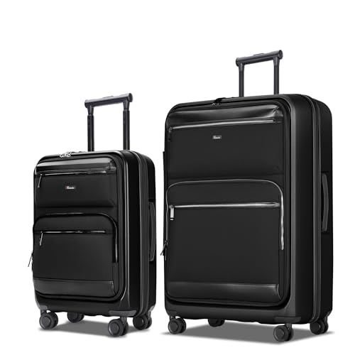 Pirtecin Luggage Sets 2 Piece, Carry On Luggage with Front Pocket & USB Port and 28 Inch Expandable Checked Luggage, Hybrid Soft Front & Hard Shell Suitcases with Spinner Wheels & TSA Lock, Black