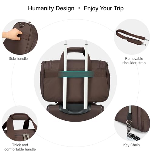 Hanke Small Travel Duffel Bag, Under Seat Carry On Personal Item Bag with 11 Pockets, Lightweight Water Resistant Foldable Weekender Bag with Trolley Sleeve for Travel Gym Daily Use（Coffee）
