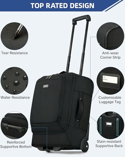 HanTrip Small Rolling Carry On Luggage Suitcases Duffle Bag with Wheels and Handle, 2 Wheeled Soft Sided Heavy Duty Luggage for Travel Carry On Roller Weekender Bag with Wheels for Women Men (Black)