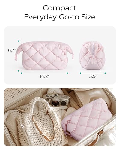 BAGSMART Quilted Travel Makeup Bag, Puffy Toiletry Organizer with Wide Opening, Cosmetic Storage for Women's Accessories, Lake bule