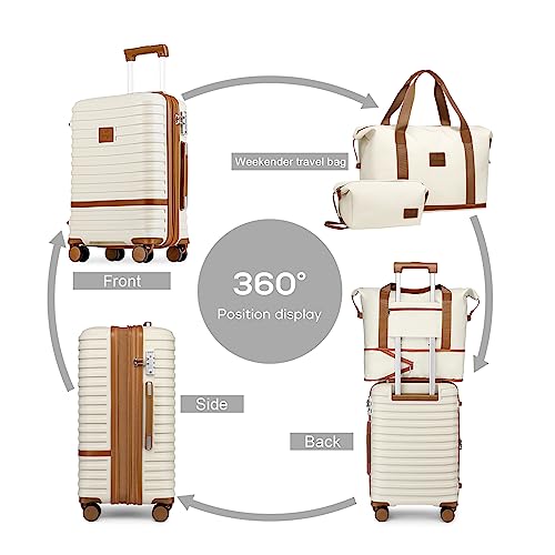 Joyway Luggage Set 3 Piece Suitcase Sets with Spinner Wheel,Hardside Expandable Travel Laggage with TSA Lock (13/20/24/28 White brown