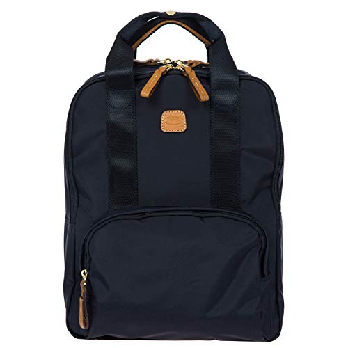 Bric's X-Travel Urban Backpack 14 Inch, Water-Resistant Satin Nylon Carry-On Daypack with Leather Details, Laptop Sleeve, Double-Zip Compartments and Luggage Pass-Through – Navy