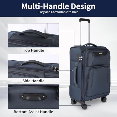 WireHot 3-Piece Softside Expandable Luggage Set with Front Open Pocket, Lightweight and Durable Oxford Fabric Suitcase Set with TSA Lock (Blue, 20in/24in/28in)
